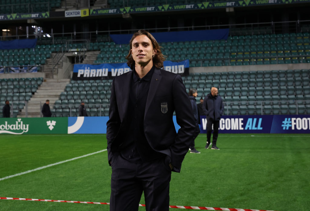 Riccardo Calafiori looks on before Italy's match with Estonia