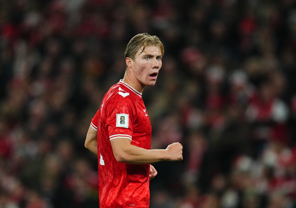 Rasmus Hojlund looks on during Denmark vs Greece