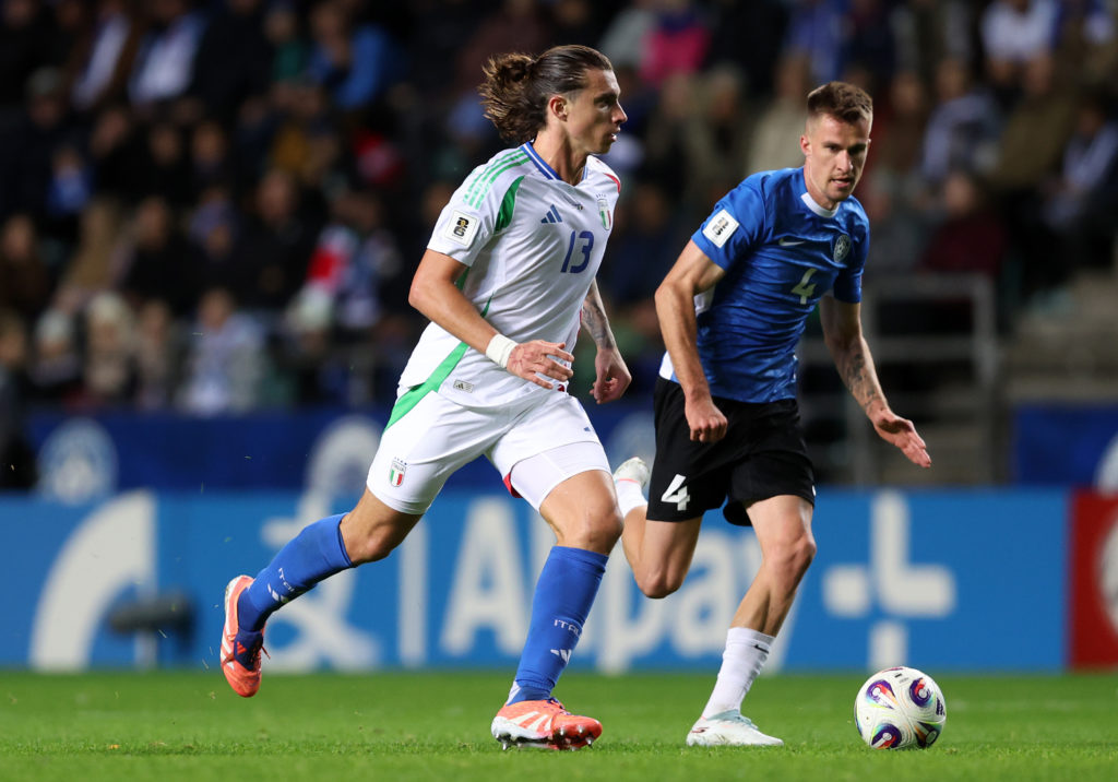 Riccardo Calafiori runs with the ball during Estonia vs Italy