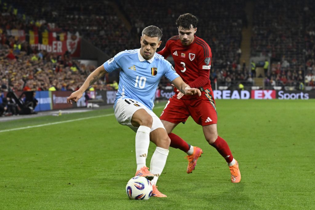 Leandro Trossard holds the ball up during Wales vs Belgium