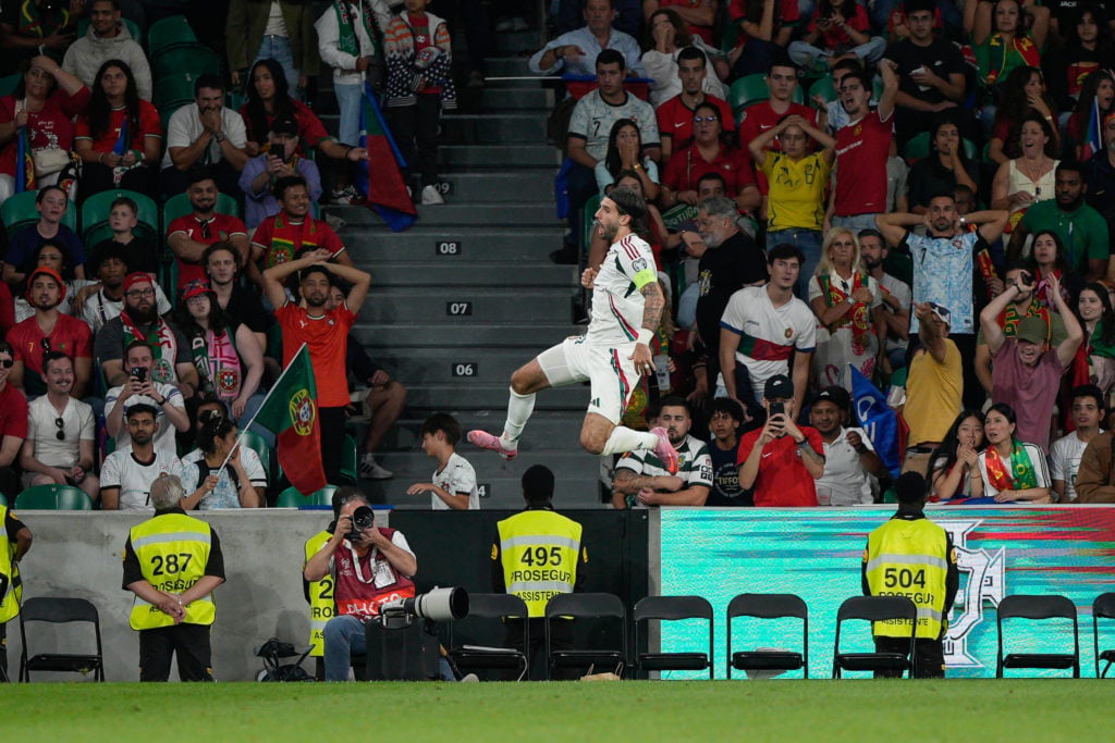 Dominik Szoboszlai of Hungary celebrates a goal during the FIFA World Cup 2026 Qualifying football match between Portugal and Hungary at Estadio Jose Alvalade.