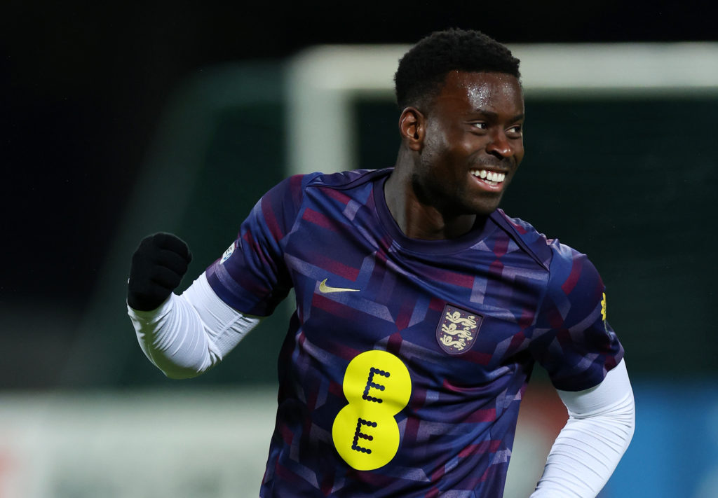 Marc Guehi of England smiles during warm up before the FIFA World Cup 2026 qualifier match between Latvia and England at Daugava Stadium.