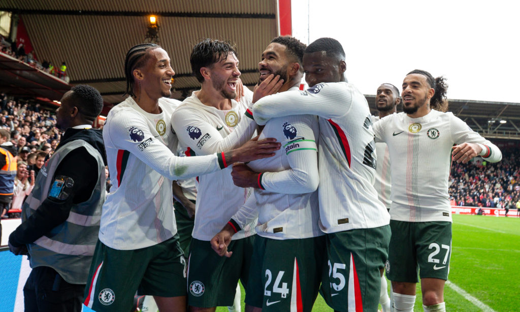 Chelsea's Reece James (centre) celebrates with team mates after scoring his side's third goal during the Premier League match between Nottingham Forest and Chelsea at City Ground.
