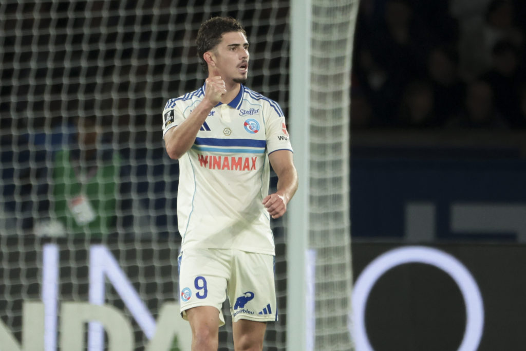 Strasbourg striker Joaquin Panichelli celebrates scoring against Paris Saint-Germain in Ligue 1