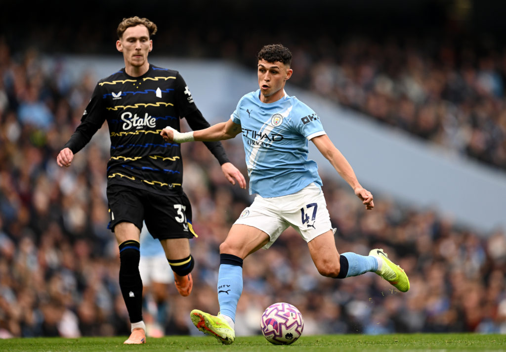 Phil Foden in action during a Premier League clash between Manchester City and Everton