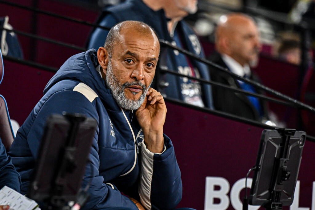 Nuno Espirito Santo looks on during a Premier League clash between West Ham and Brentford