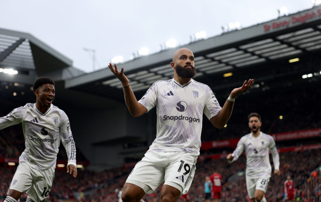 Bryan Mbeumo of Manchester United celebrates scoring his team's first goal during the Premier League match between Liverpool and Manchester United