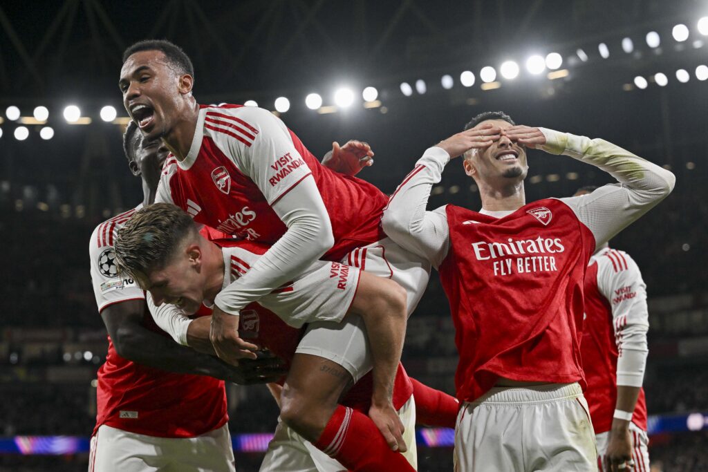Viktor Gyokeres, Gabriel Magalhees and Gabriel Martinelli celebrate during Arsenal FC v Atletico de Madrid - UEFA Champions League 2025/26 League Phase MD3
