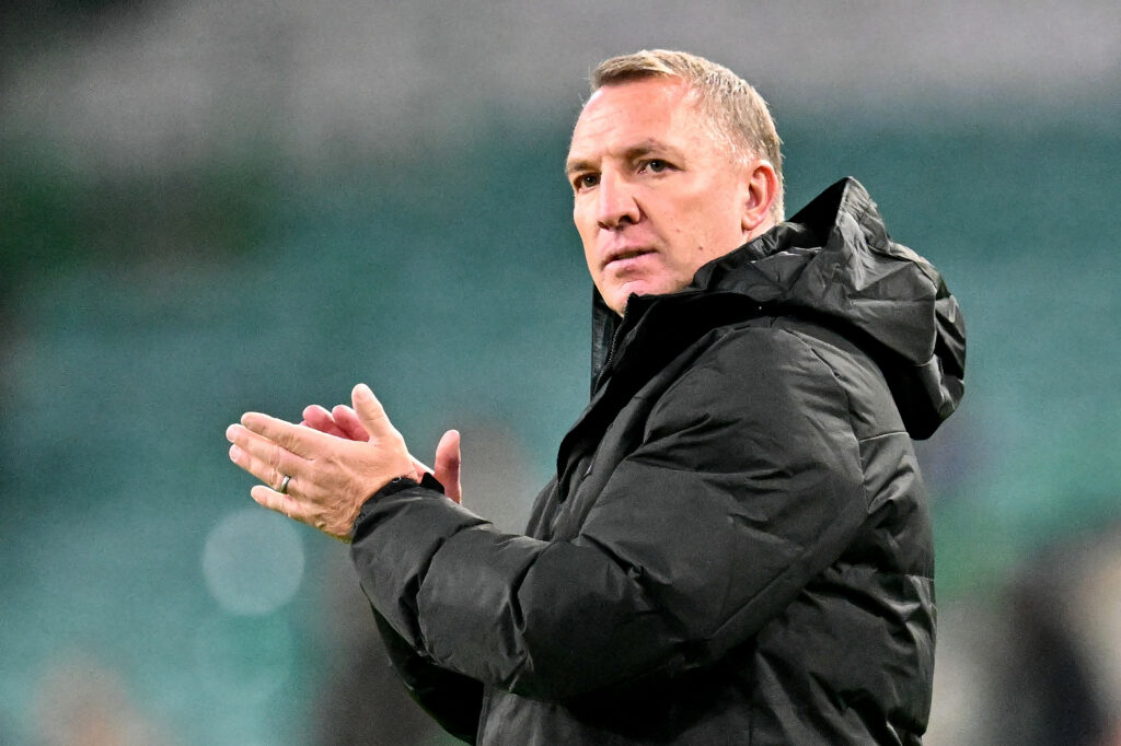 Celtic's Northern Irish head coach Brendan Rodgers applauds the fans following the UEFA Europa League