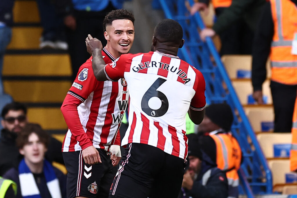 Chemsdine Talbi and Lutsharel Geertruida celebrate Sunderland goal vs Chelsea.