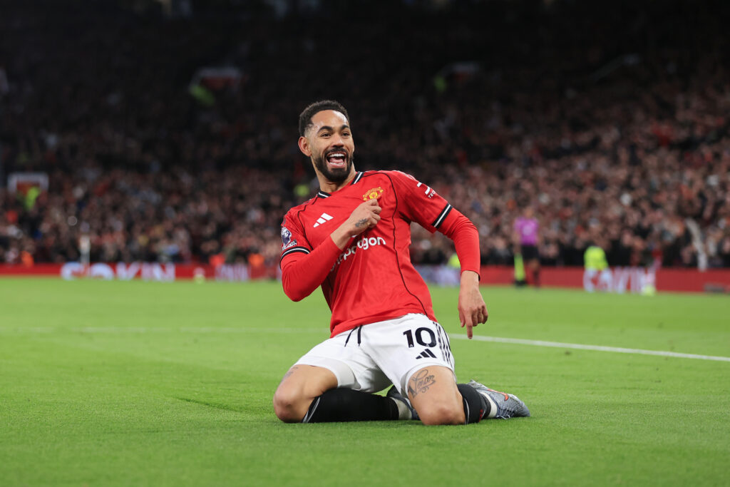 Matheus Cunha of Manchester United celebrates after scoring their 1st goal during the Premier League match between Manchester United and Brighton
