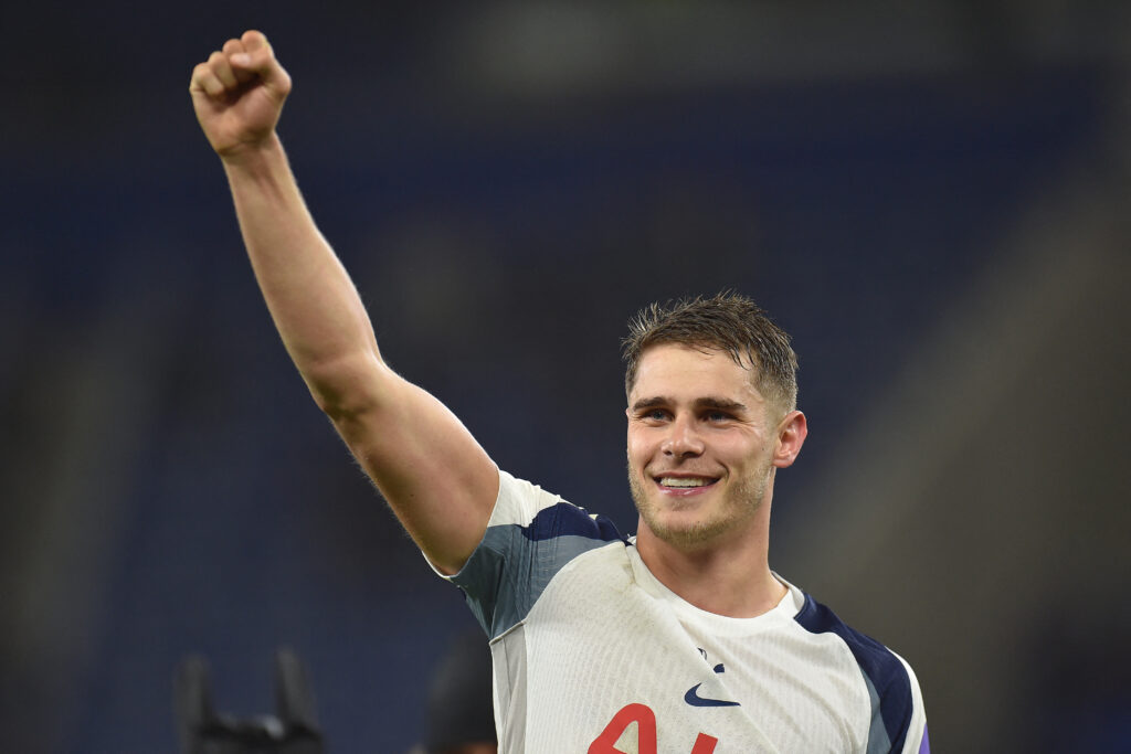 Tottenham Hotspur's Dutch defender #37 Micky van de Ven celebrates their win on the pitch after the English Premier League football match between Everton and Tottenham Hotspur