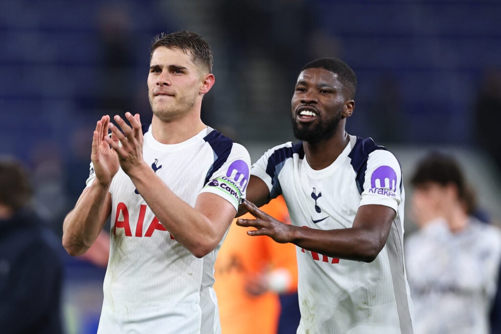 Kevin Danso and Micky van de Ven celebrate after Everton v Tottenham Hotspur in the Premier League