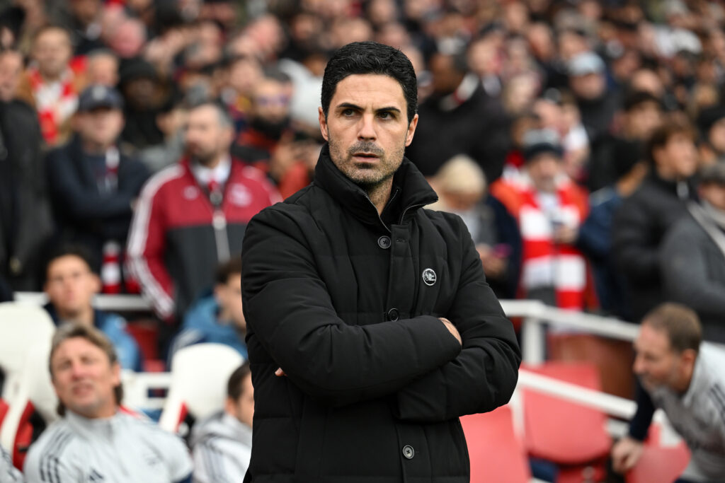 Mikel Arteta, Manager of Arsenal, looks on prior to the Premier League match between Arsenal and Crystal Palace at Emirates