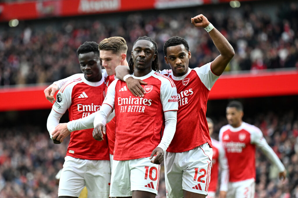 Eberechi Eze and Jurrien Timber celebrate Arsenal's goal vs Crystal Palace