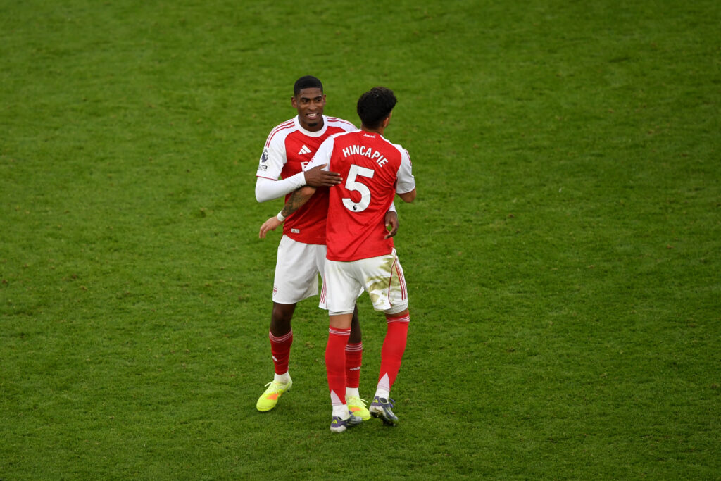 Cristhian Mosquera greets teammate Piero Hincapie of Arsenal celebrates following the Premier League