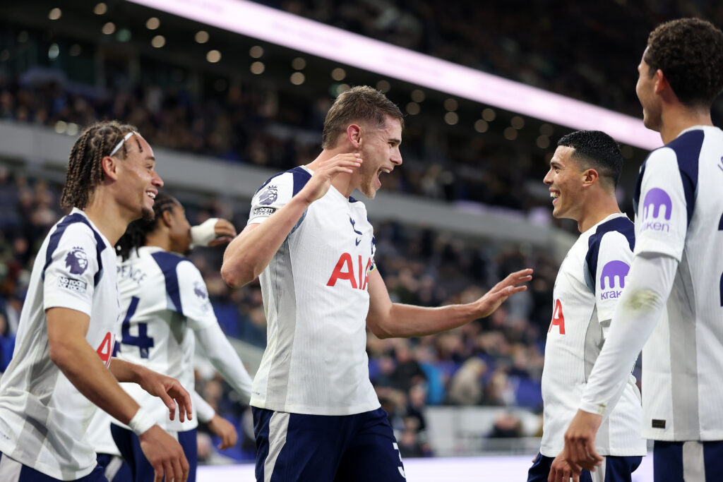 Micky van de Ven and Pedro Porro of Tottenham Hotspur celebrates during the Premier League match between Everton and Tottenham Hotspur at Hill Dickinson Stadium