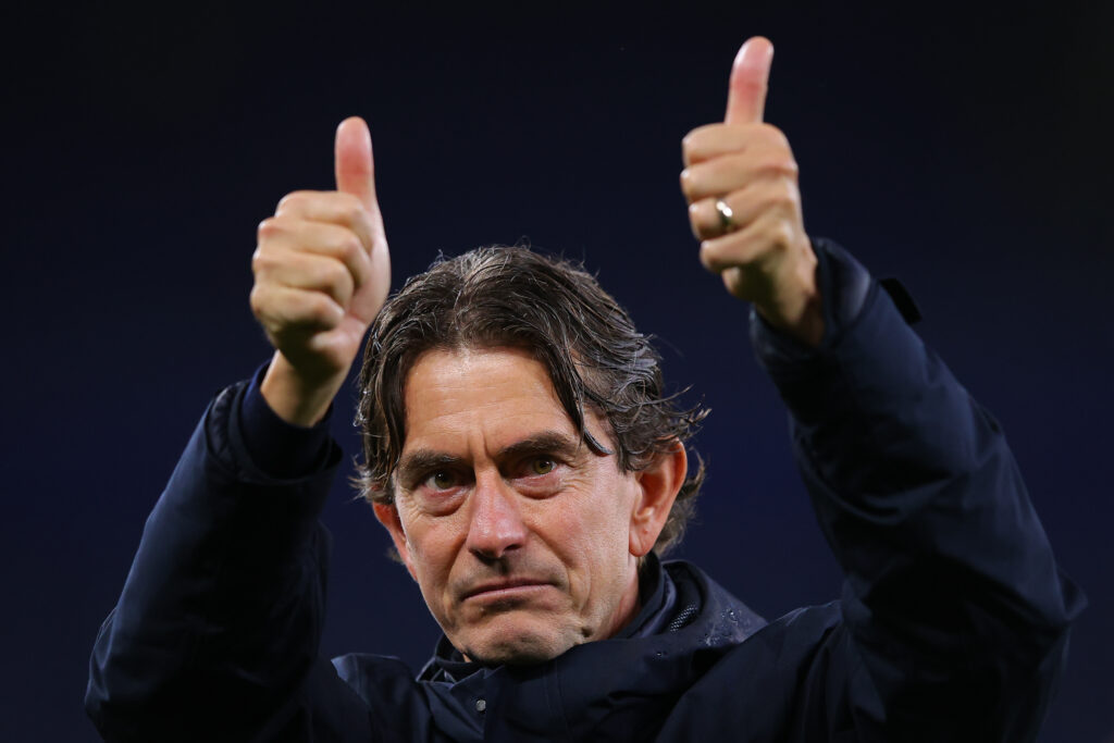 Thomas Frank, head coach of Tottenham Hotspur, celebrates after the Premier League match