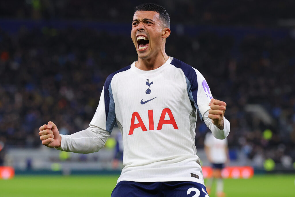 Pedro Porro of Tottenham Hotspur celebrates during the Premier League match between Everton and Tottenham Hotspur at Hill Dickinson Stadium.