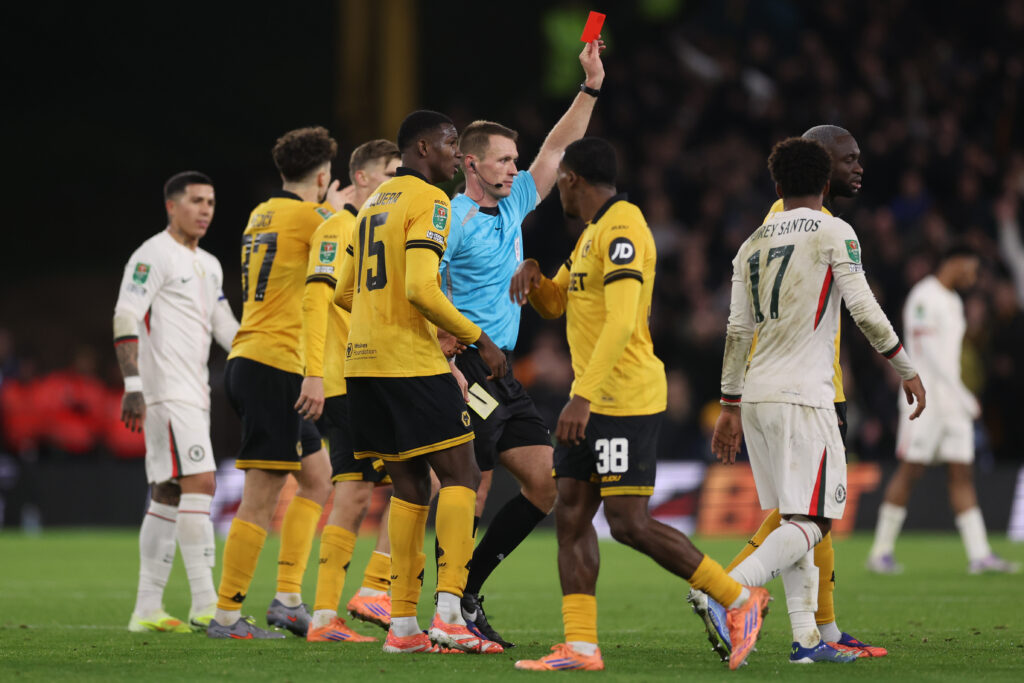 Liam Delap is sent off for Chelsea in their Carabao Cup match with Wolves