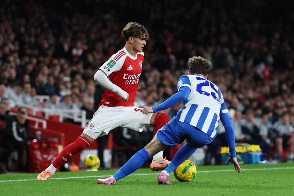 Max Dowman dribbles with the ball during Arsenal vs Brighton
