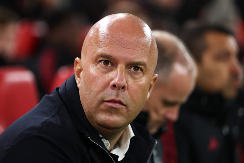 Arne Slot, Manager of Liverpool, looks on prior to the Carabao Cup Fourth Round match between Liverpool and Crystal Palace at Anfield