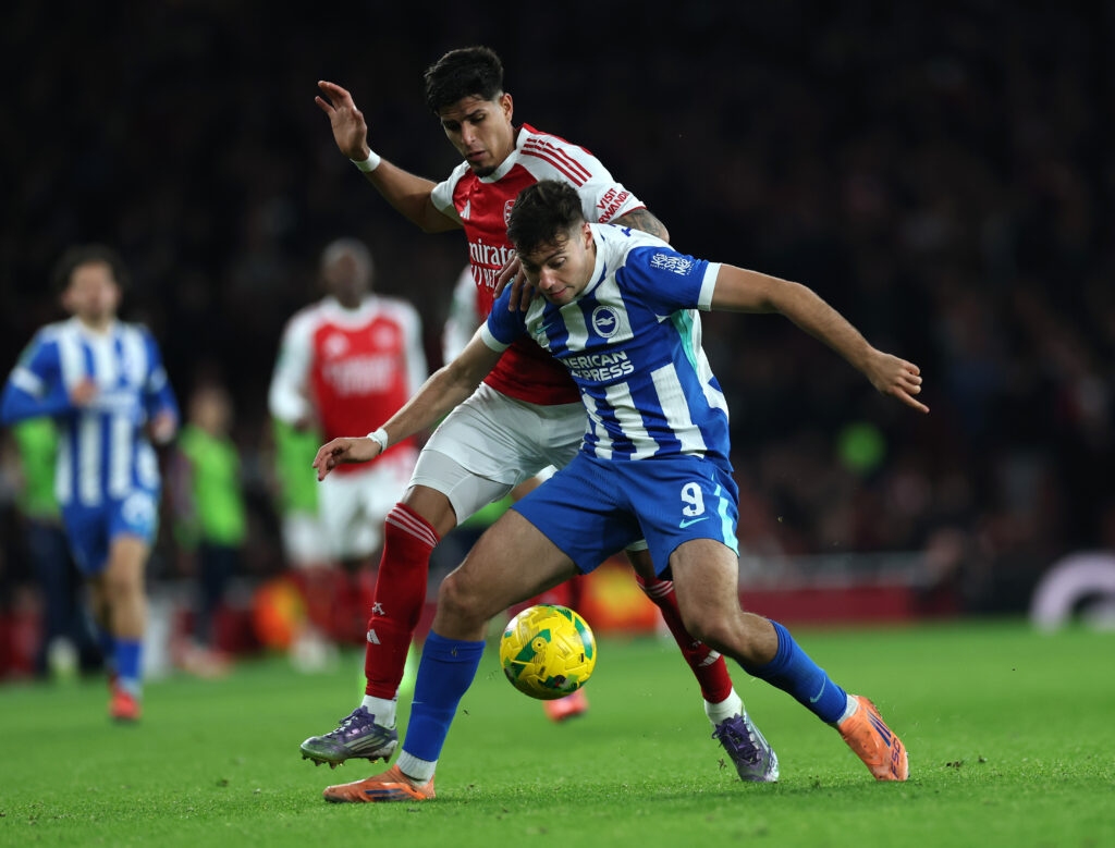 Piero Hincapie battles for the ball during Arsenal vs Brighton