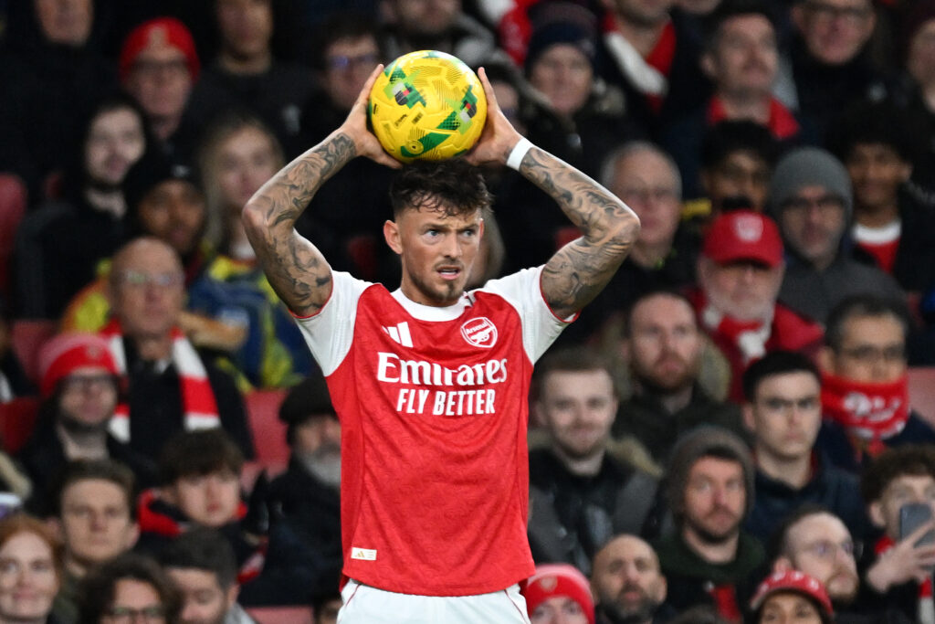 Ben White throws the ball during Arsenal vs Brighton