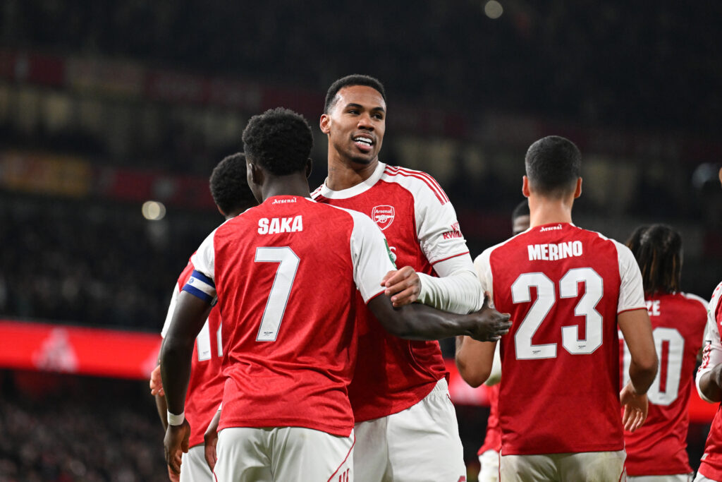 Arsenal players celebrate after scoring against Brighton in the Carabao Cup