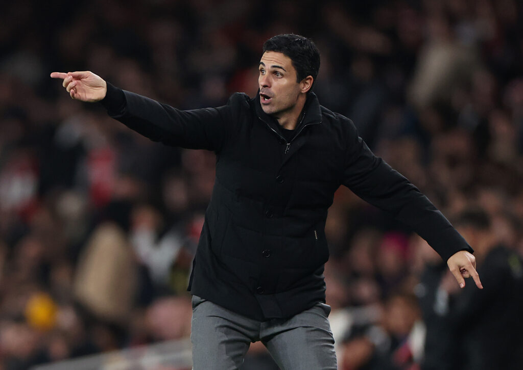 Mikel Arteta gestures to his Arsenal players