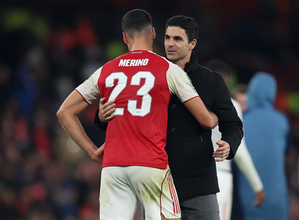 Mikel Arteta and Mikel Merino embrace after the Carabao Cup fourth round between Arsenal and Brighton