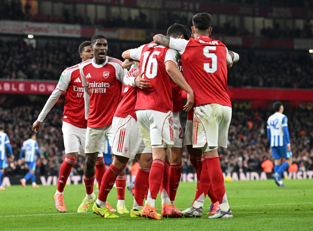 Arsenal players celebrate scoring in the Carabao Cup