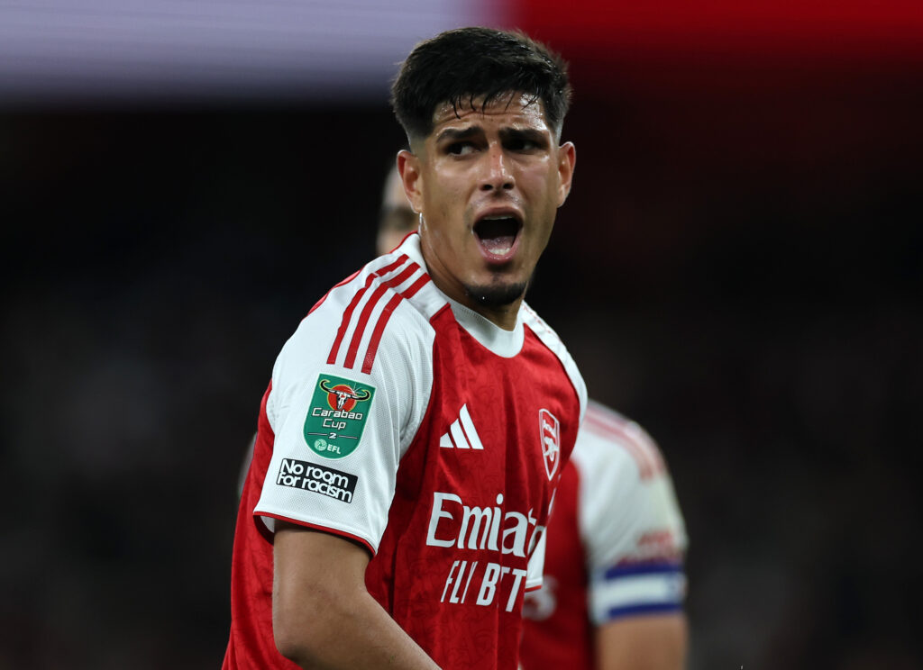 Piero Hincapie shouts during an Arsenal match
