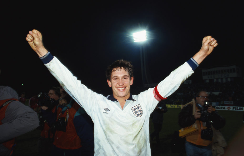 Gary Lineker celebrates England securing qualification for Euro 92