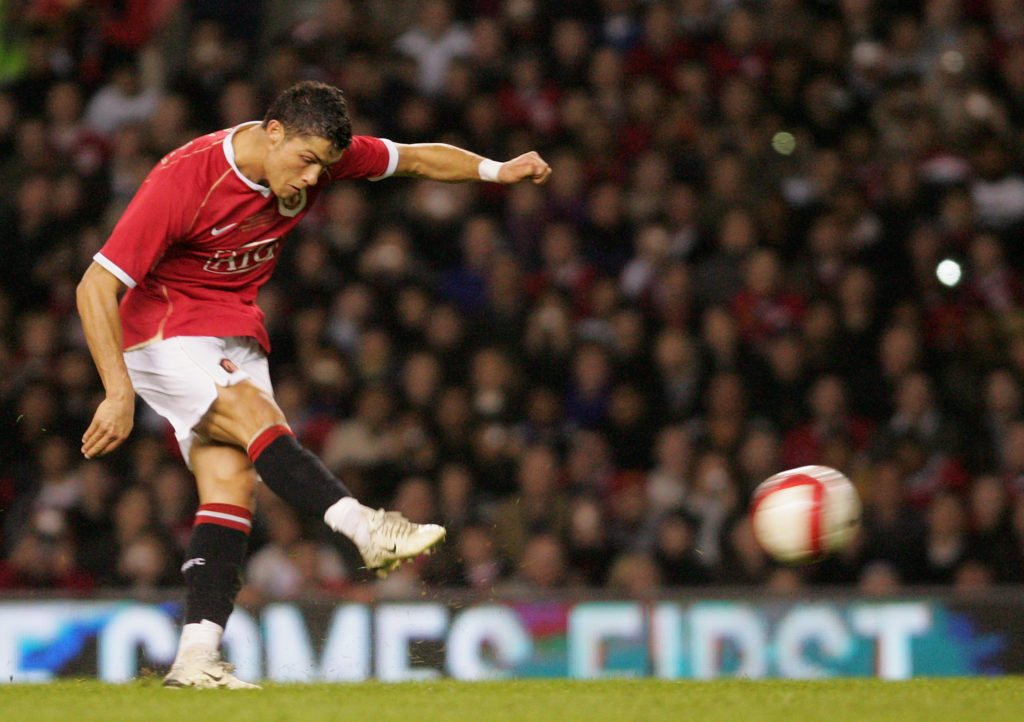 Cristiano Ronaldo scores an incredible free-kick for Manchester United against Europe XI at Old Trafford in 2007