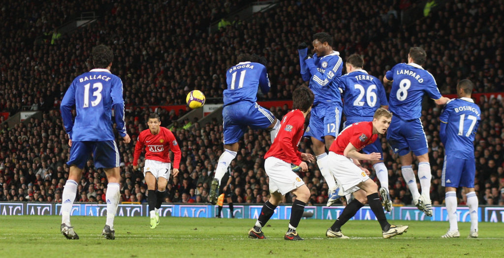 Cristiano Ronaldo takes a free-kick during Manchester United v Chelsea at Old Trafford in 2009