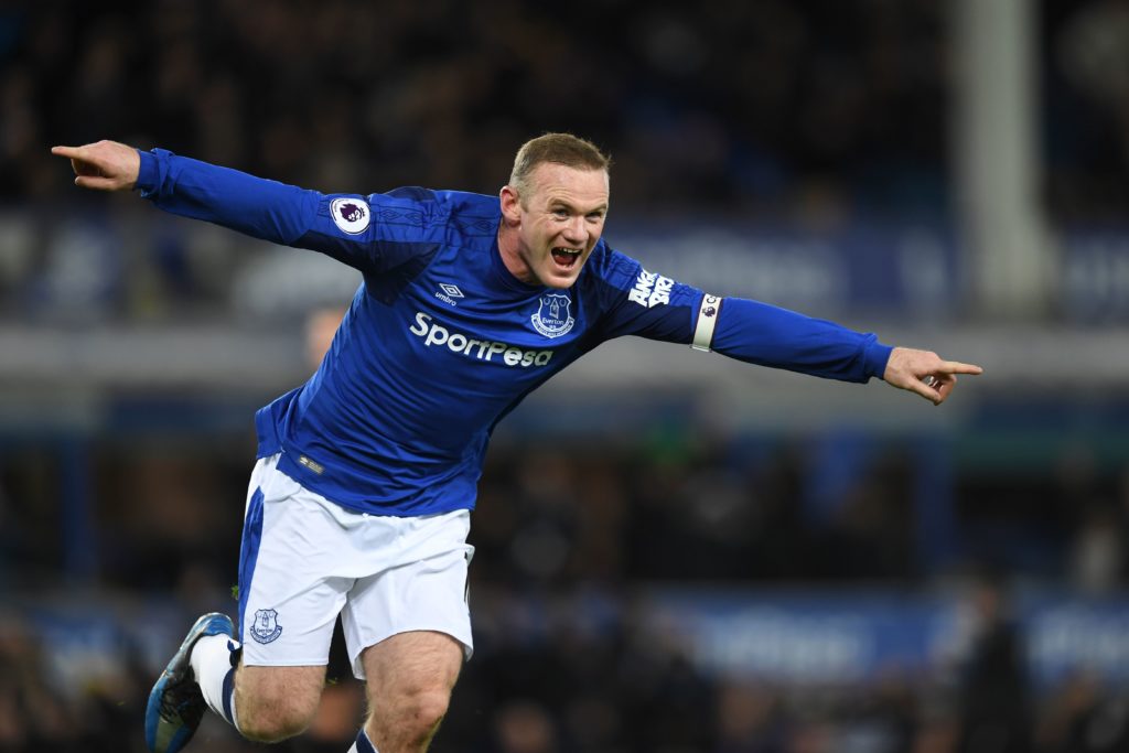Everton's English striker Wayne Rooney celebrates scoring their second goal during the English Premier League football match between Everton and West Ham United