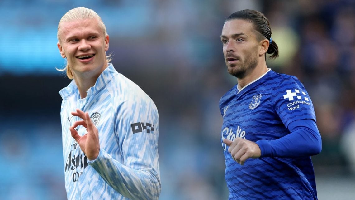 A split image of Erling Haaland gesturing during a Manchester City match alongside Jack Grealish featuring for Everton