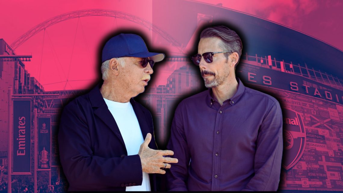 A split image featuring Stan Kroenke and Josh Kroenke in front of Wembley Stadium and the Emirates Stadium