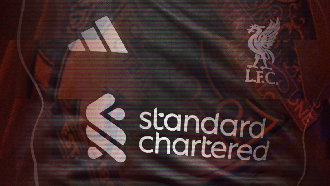 Closeup shot of the Liverpool home kit, featuring Adidas and Standard Chartered branding