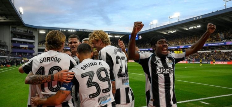 Newcastle players celebrate scoring vs Union Saint-Gilloise in the Champions League