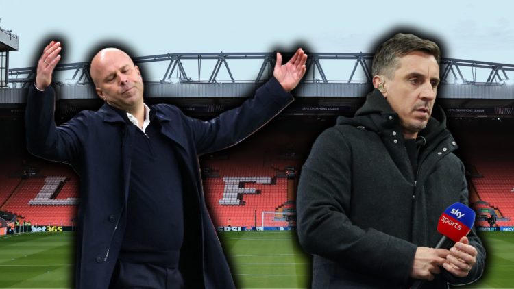 A split image featuring Liverpool boss Arne Slot reacting alongside Gary Neville in front of Anfield.