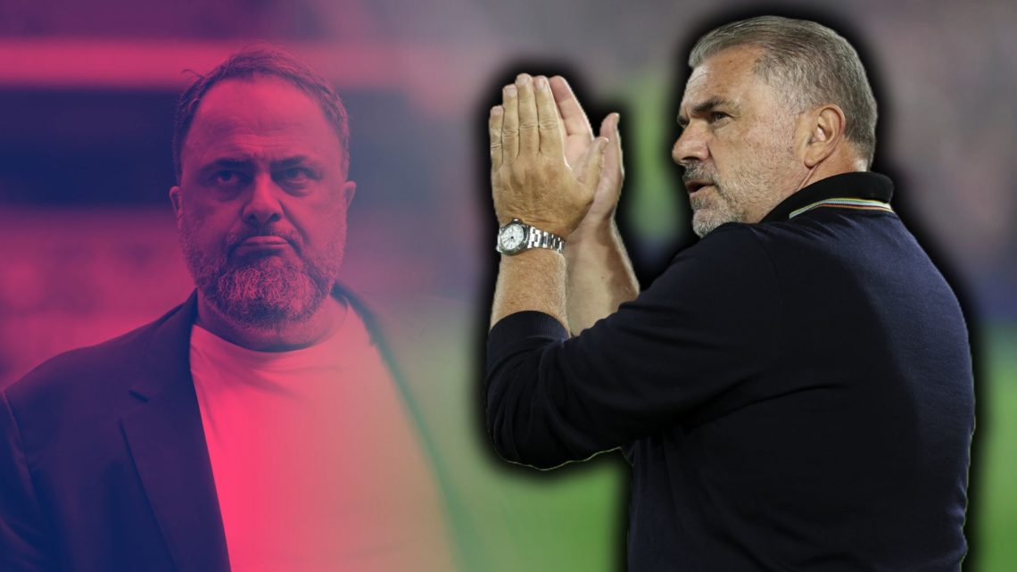 A split image featuring Ange Postecoglou applauding after a Nottingham Forest game alongside owner Evangelos Marinakis