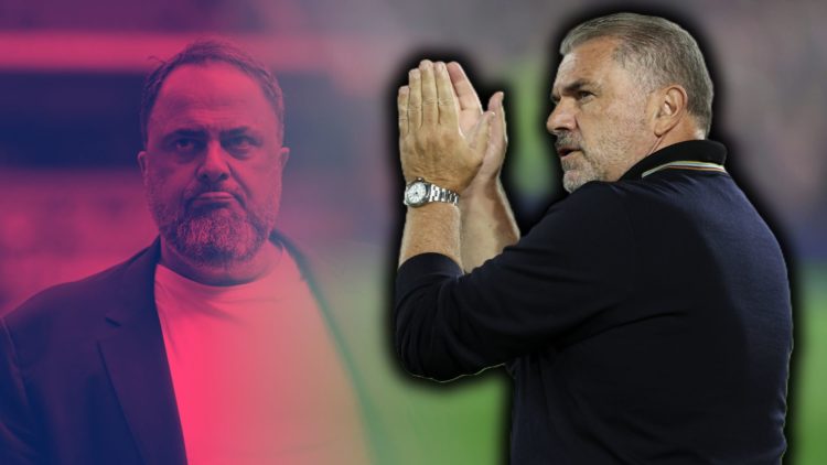 A split image featuring Ange Postecoglou applauding after a Nottingham Forest game alongside owner Evangelos Marinakis