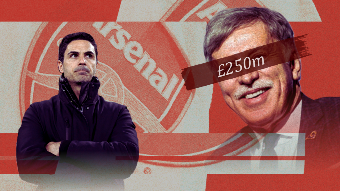 Abstract cover image of Stan Kroenke and Mikel Arteta, superimposed over the Arsenal badge