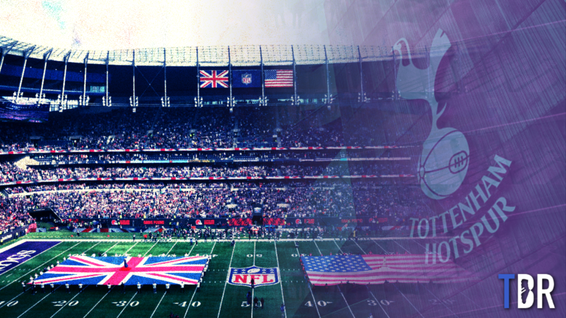 Split image of the Tottenham Hotspur Stadium hosting the NFL's London Games and the Spurs badge, with TBR Football logo