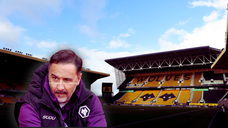 Vitor Pereira, Wolves manager, looks on with Molineux stadium behind him in split image
