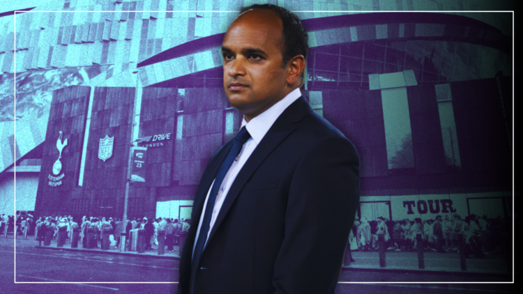 Abstract cover art featuring Vinai Venketsham superimposed over a general image of the Tottenham Hotspur Stadium