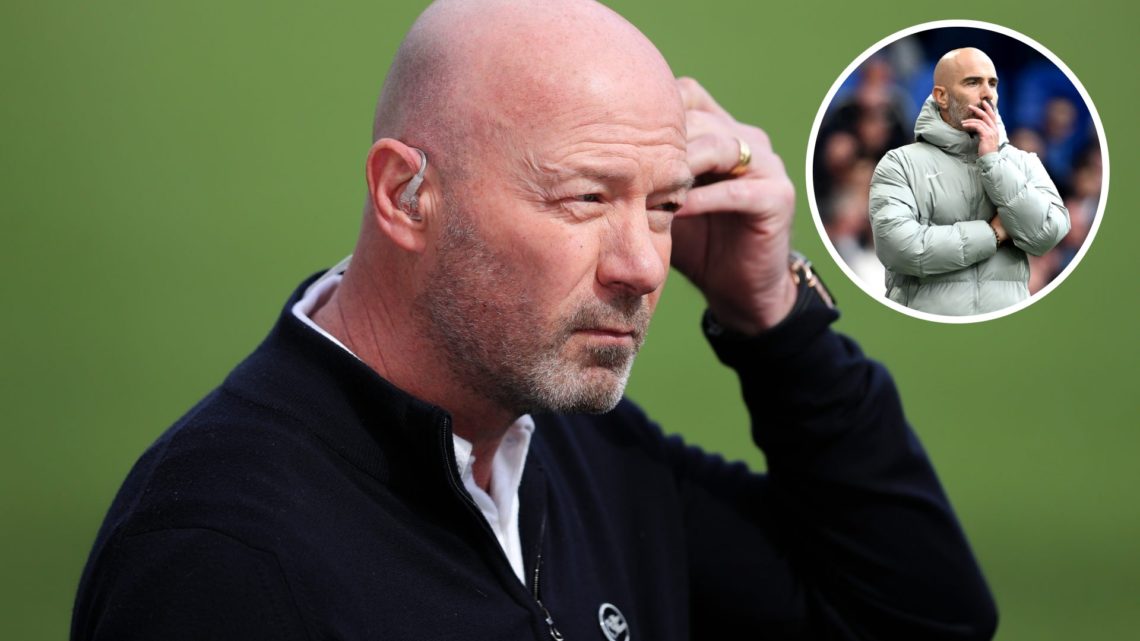 Alan Shearer doing punditry with Enzo Maresca coaching overlayed (right)