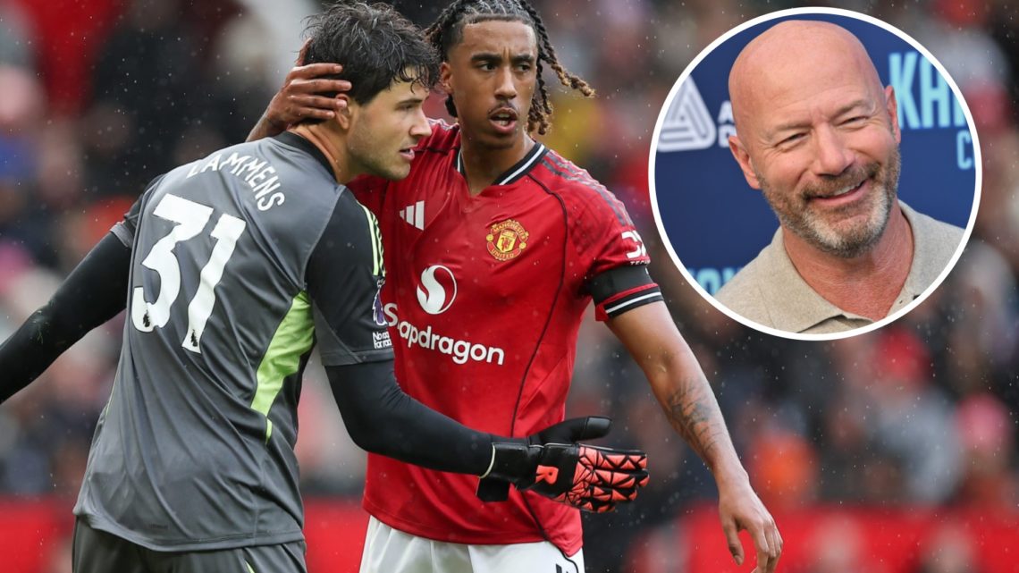 Leny Yoro congratulates Senne Lammens during Manchester United's win against Sunderland at Old Trafford, alongside an inset of TV pundit Alan Shear...